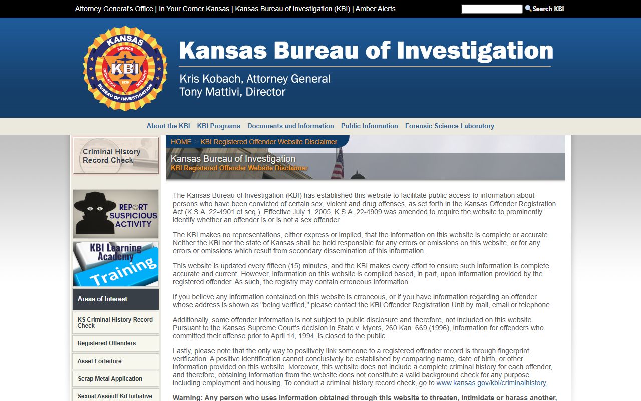 Pottawatomie County arrest records KBI offender search page