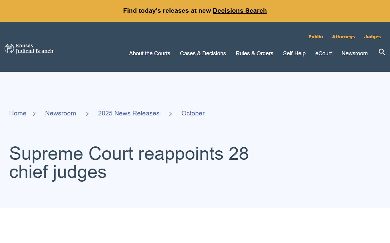 Pottawatomie County District Court 2025 chief judge reappointment release