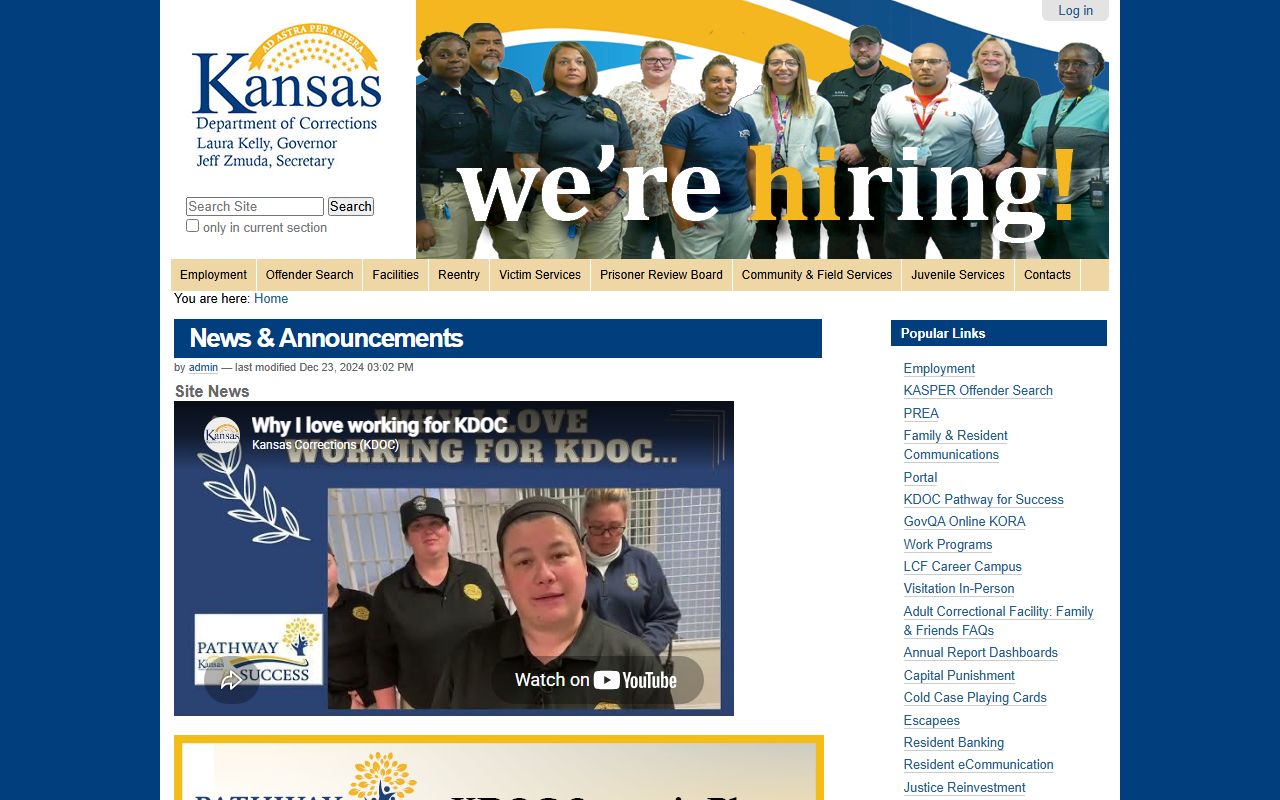 Pottawatomie County inmate records Kansas Department of Corrections homepage