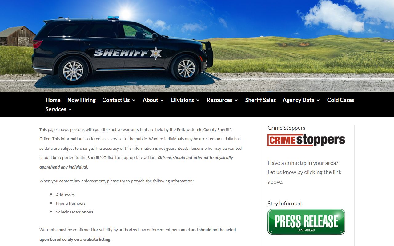 Pottawatomie County warrant records sheriff active warrant page